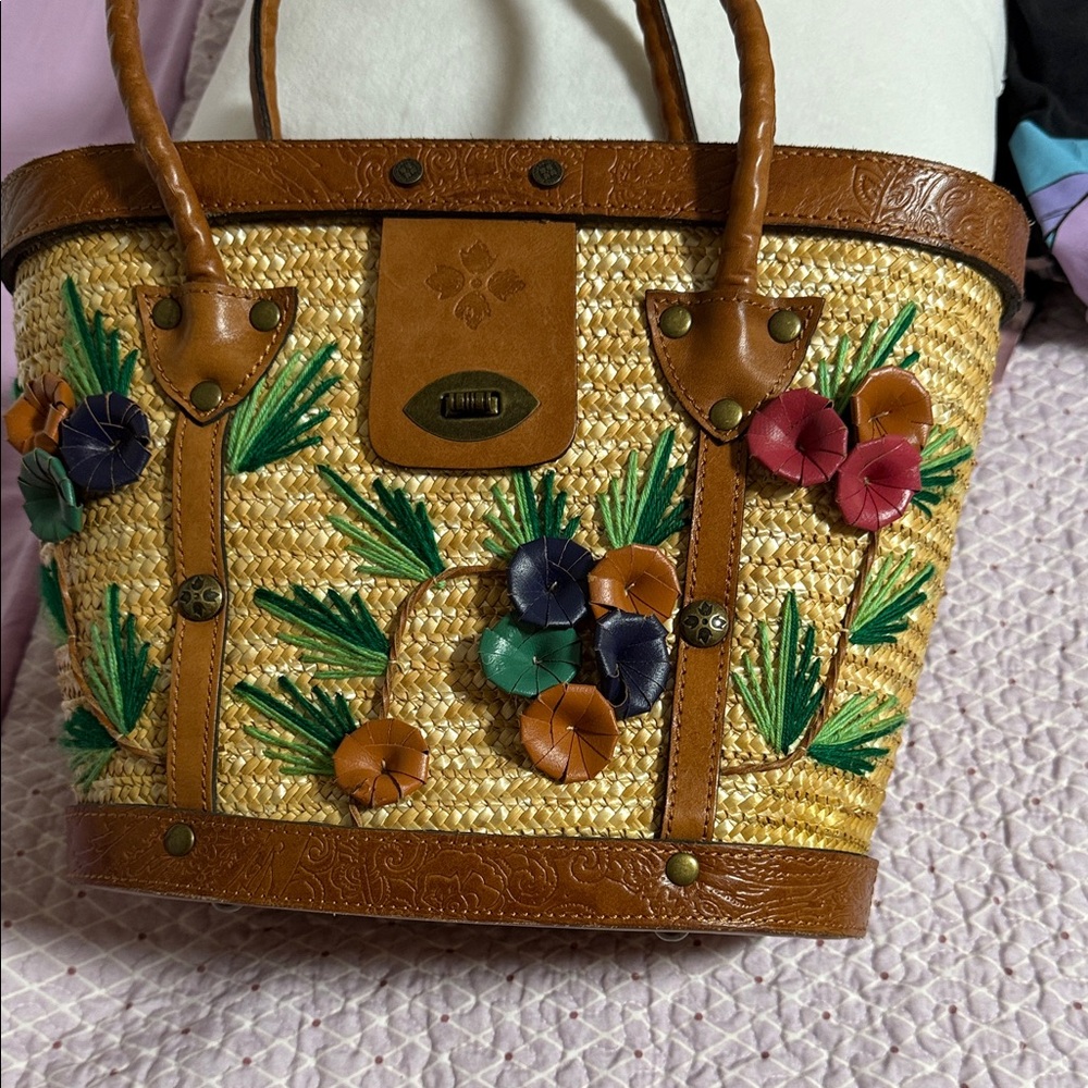 Patricia Nash Straw Tote with Leather and Floral Accents